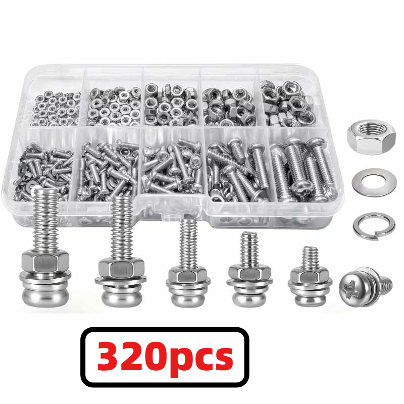 Nuts Mix - 320個入りプレミアム304ステンレススチール製ネジとナットのアソートメントキット - 耐腐食性、スナップインナット、M2からMSサイズ - 理想的な選択